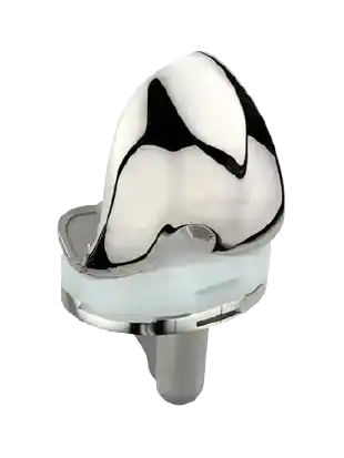 Vista lateral de prótesis para reemplazo de rodilla